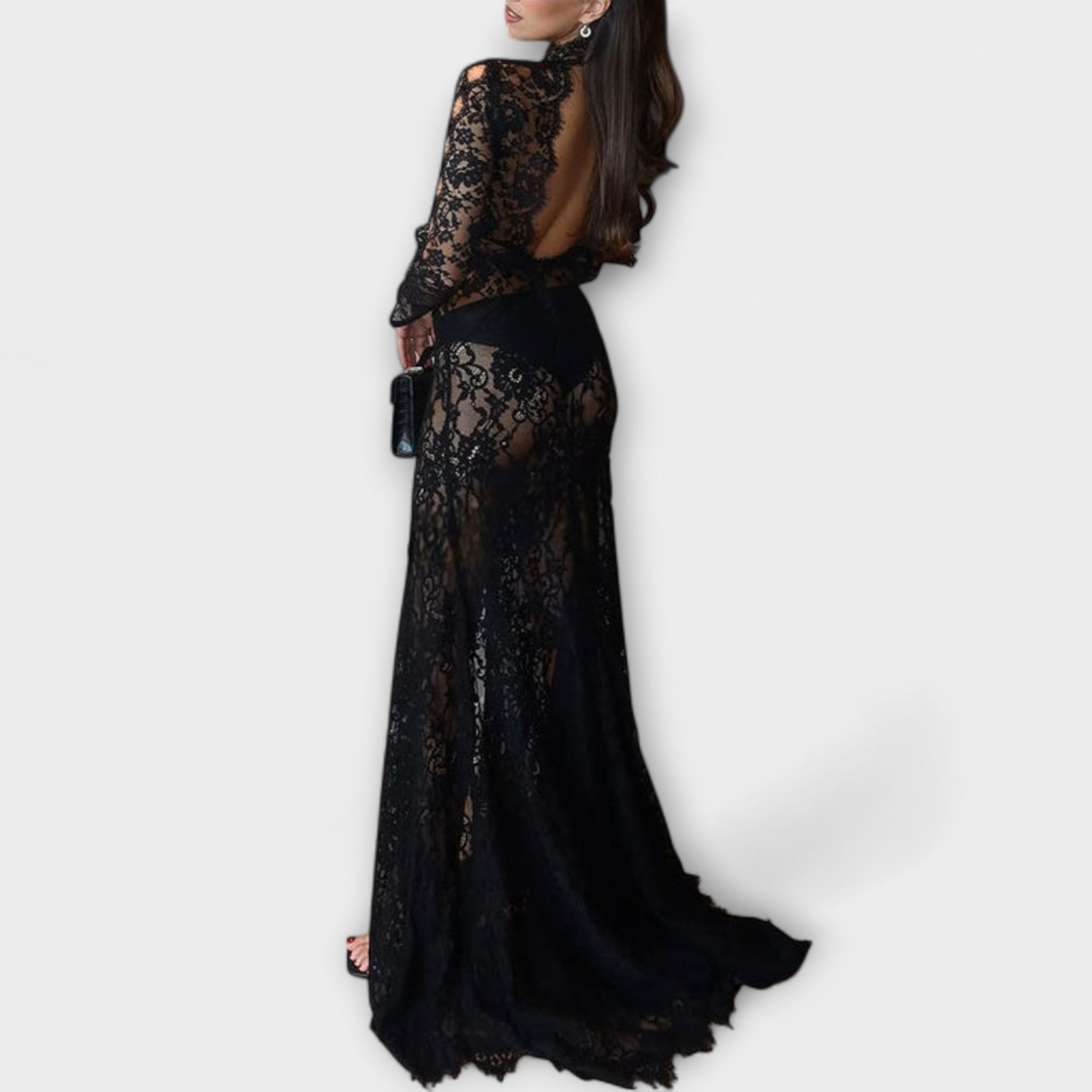 Azalea - Midnight Elegance Transparent Cutout Long Sleeve Stretch Maxi Dress