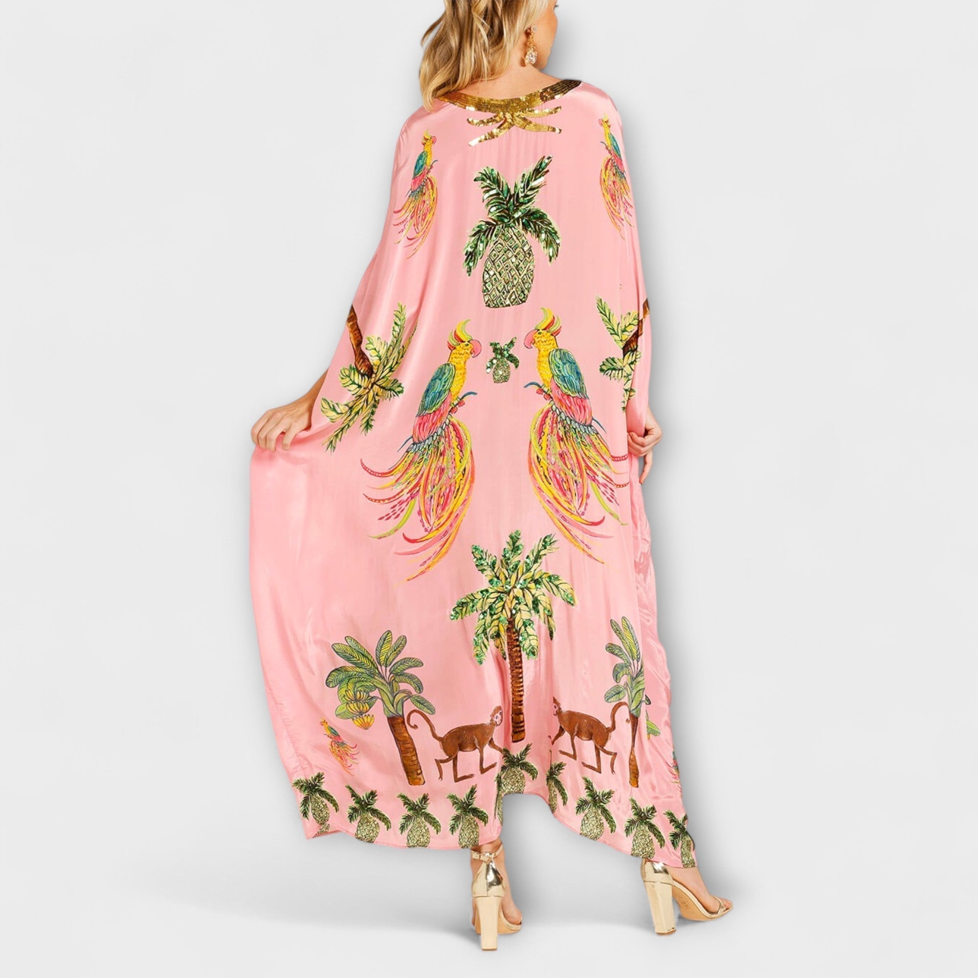 Linda - Eye-catching Dress with Asymmetrical Shoulders and Coconut Tree Print