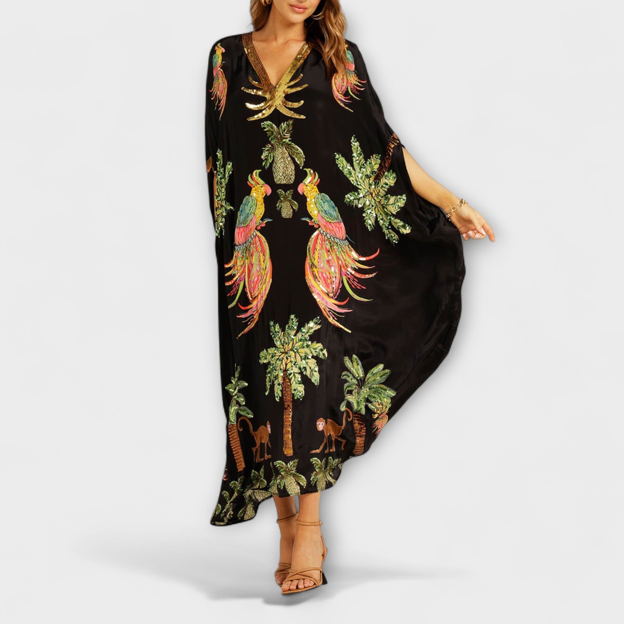 Linda - Eye-catching Dress with Asymmetrical Shoulders and Coconut Tree Print