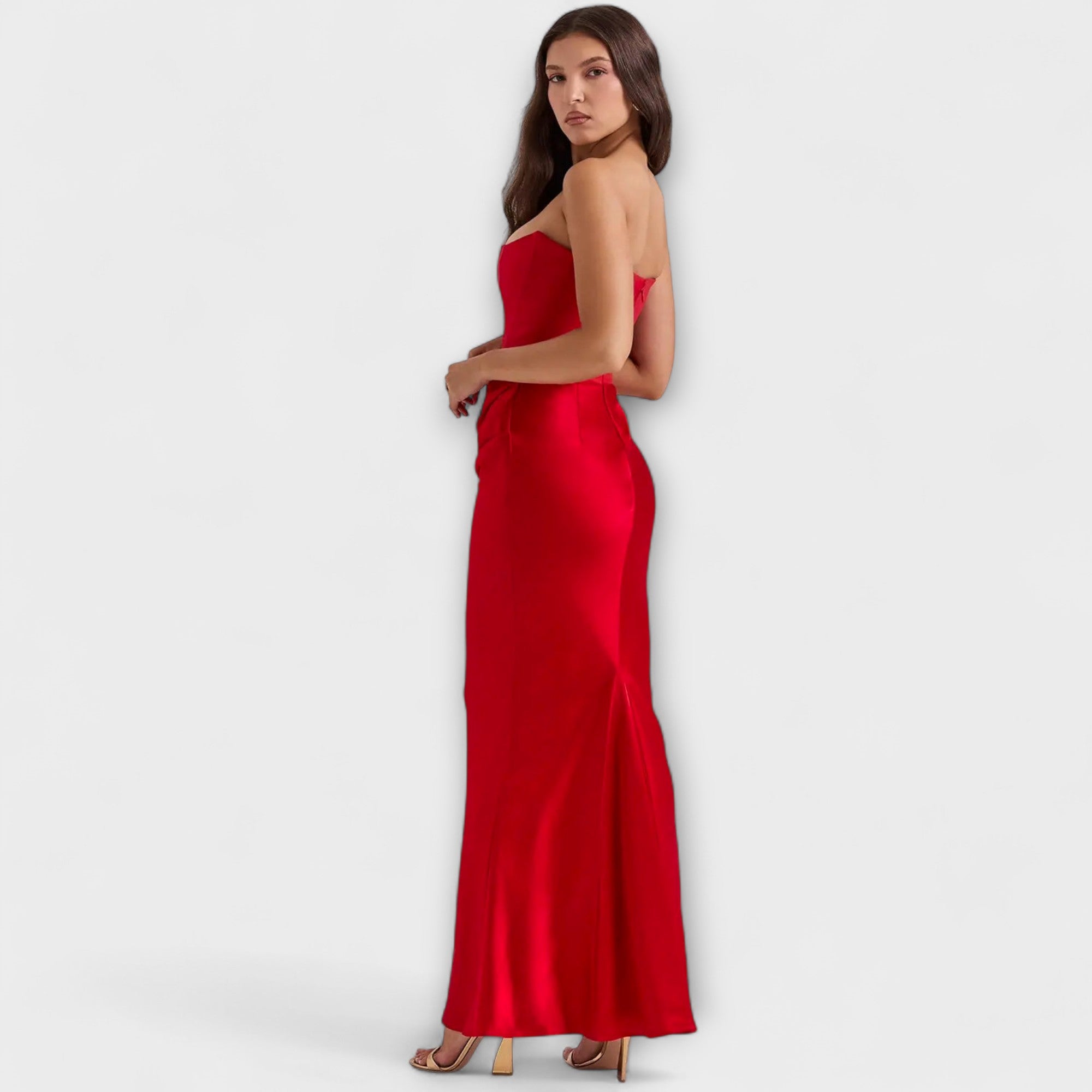 Off-the-Shoulder Satin Maxi Dress with Draping
